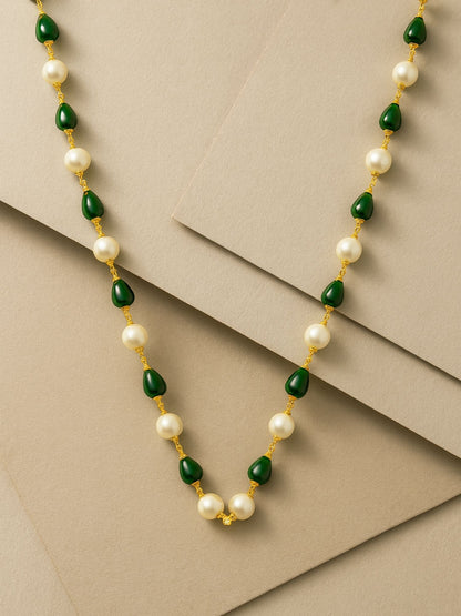 Green & Pearl Beads Simple Mala/Chain Necklace