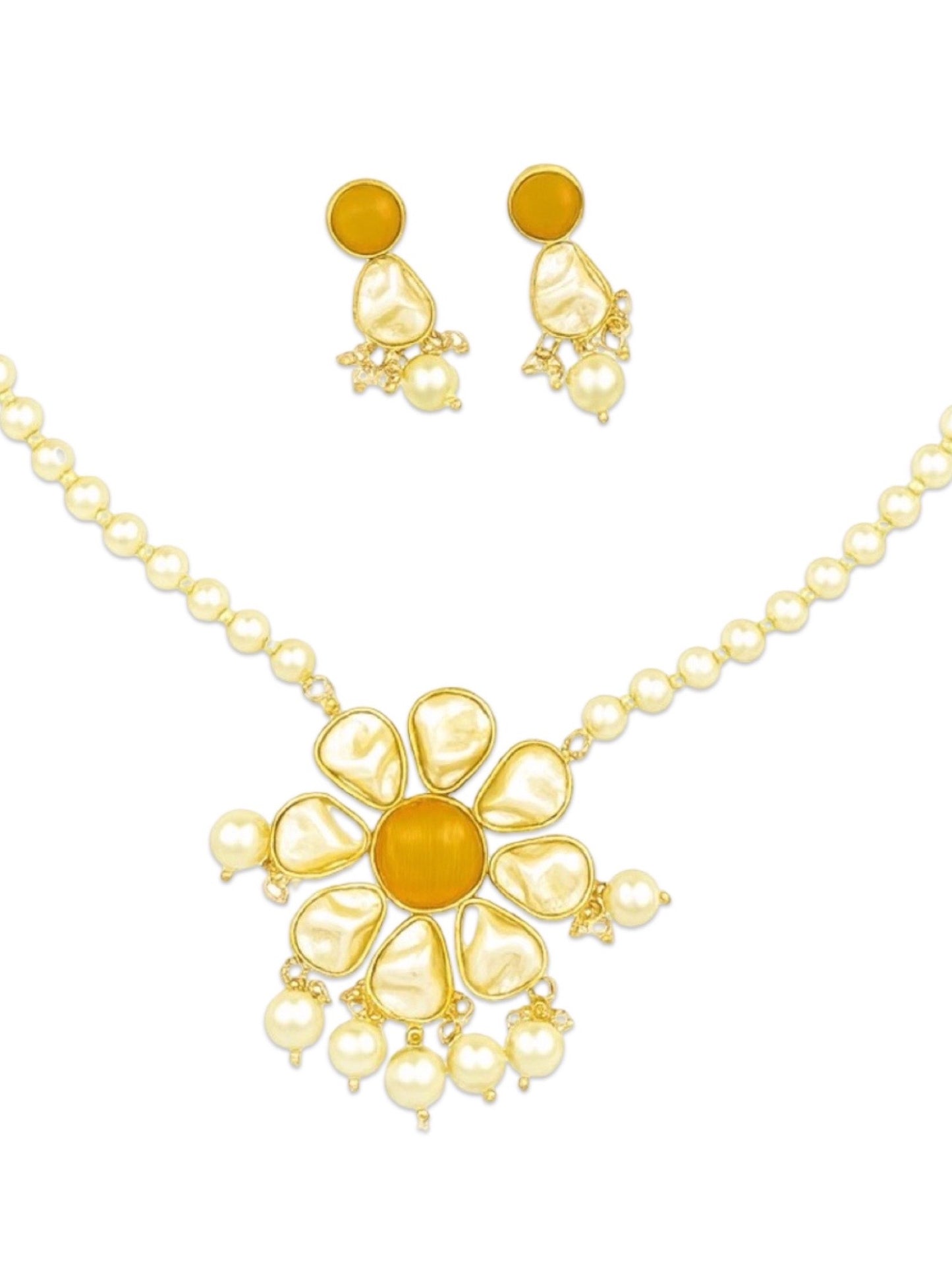 Flower Yellow Stone Pearl Short Necklace Set