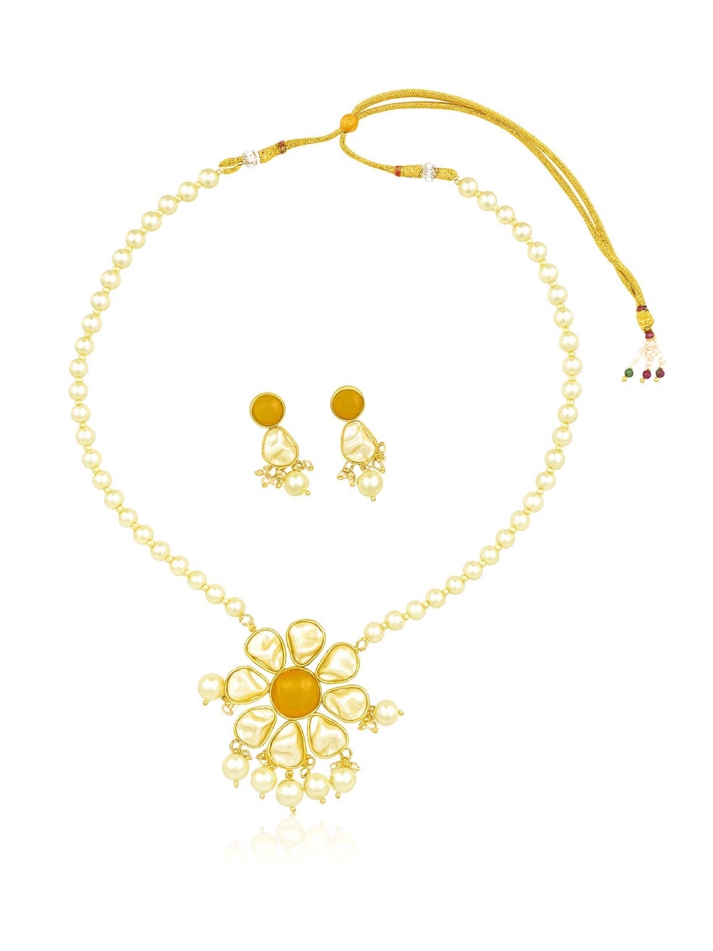 Flower Yellow Stone Pearl Short Necklace Set