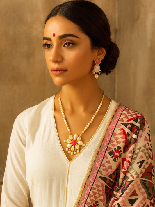 Flower Pink Stone Pearl Short Necklace Set