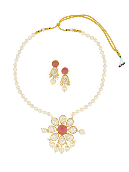 Flower Pink Stone Pearl Short Necklace Set