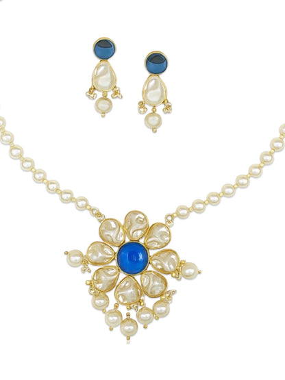 Flower Blue Stone Pearl Short Necklace Set
