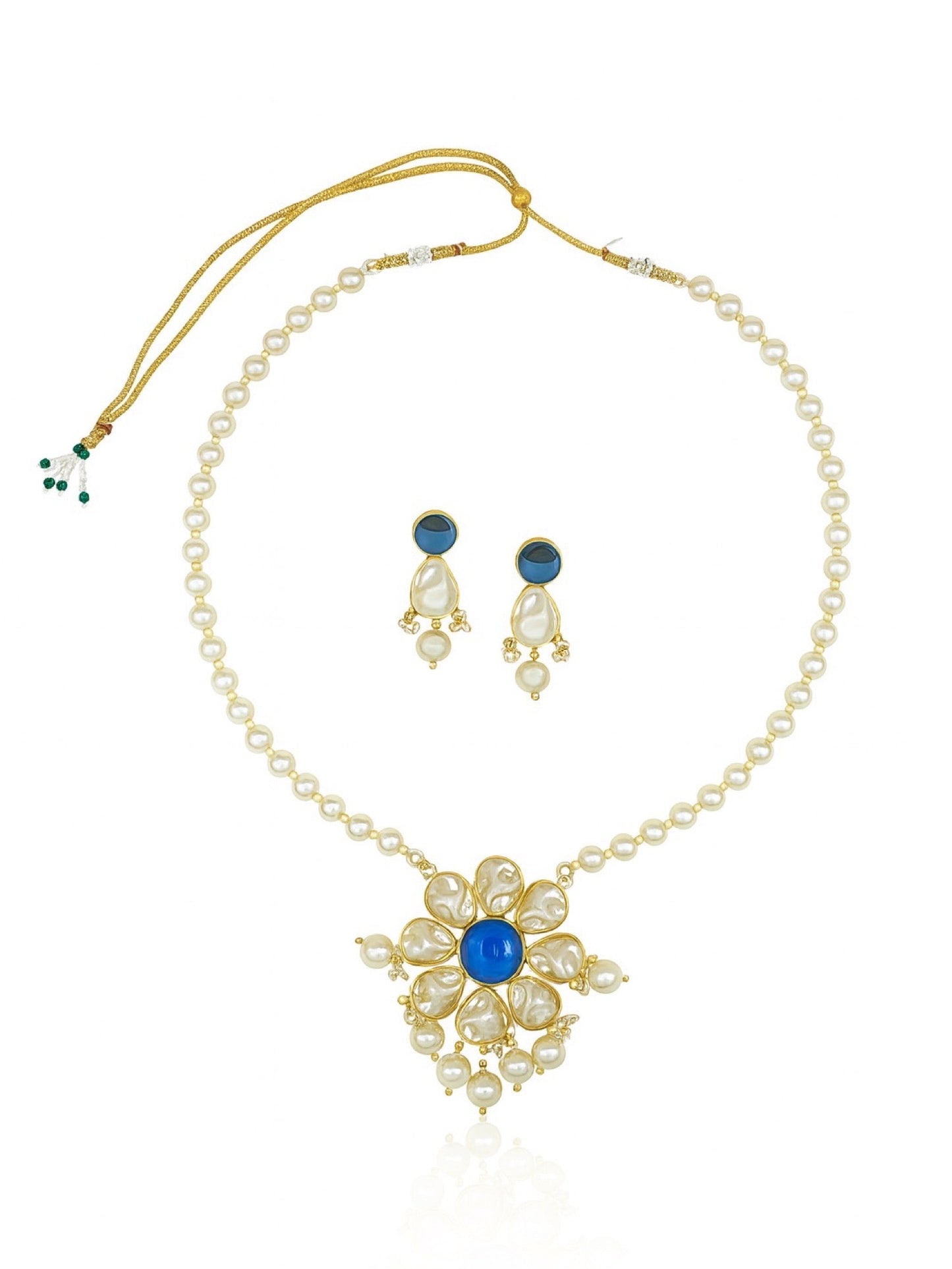 Flower Blue Stone Pearl Short Necklace Set