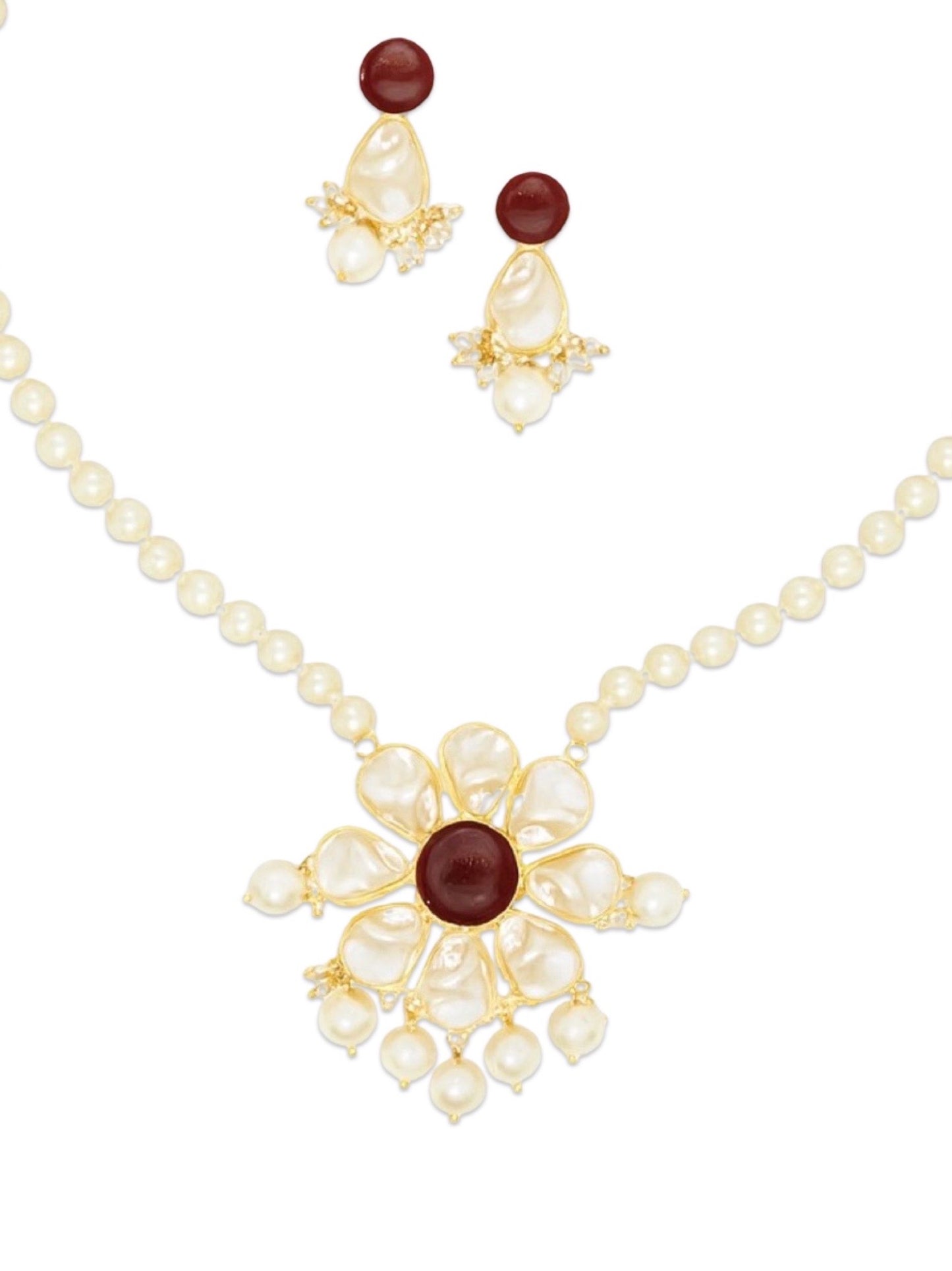 Flower Maroon Stone Pearl Short Necklace Set