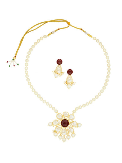 Flower Maroon Stone Pearl Short Necklace Set