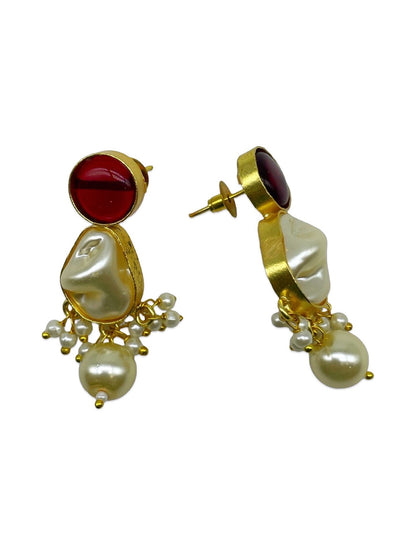 Flower Maroon Stone Pearl Short Necklace Set