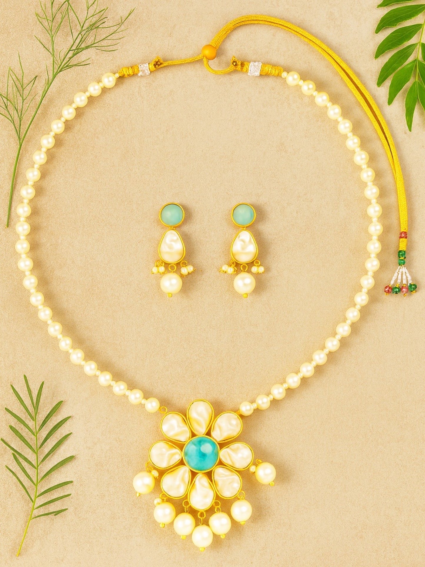 Flower Sea Blue Stone Pearl Short Necklace Set