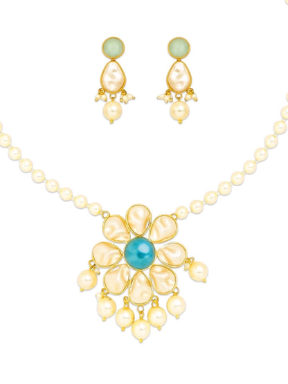Flower Sea Blue Stone Pearl Short Necklace Set