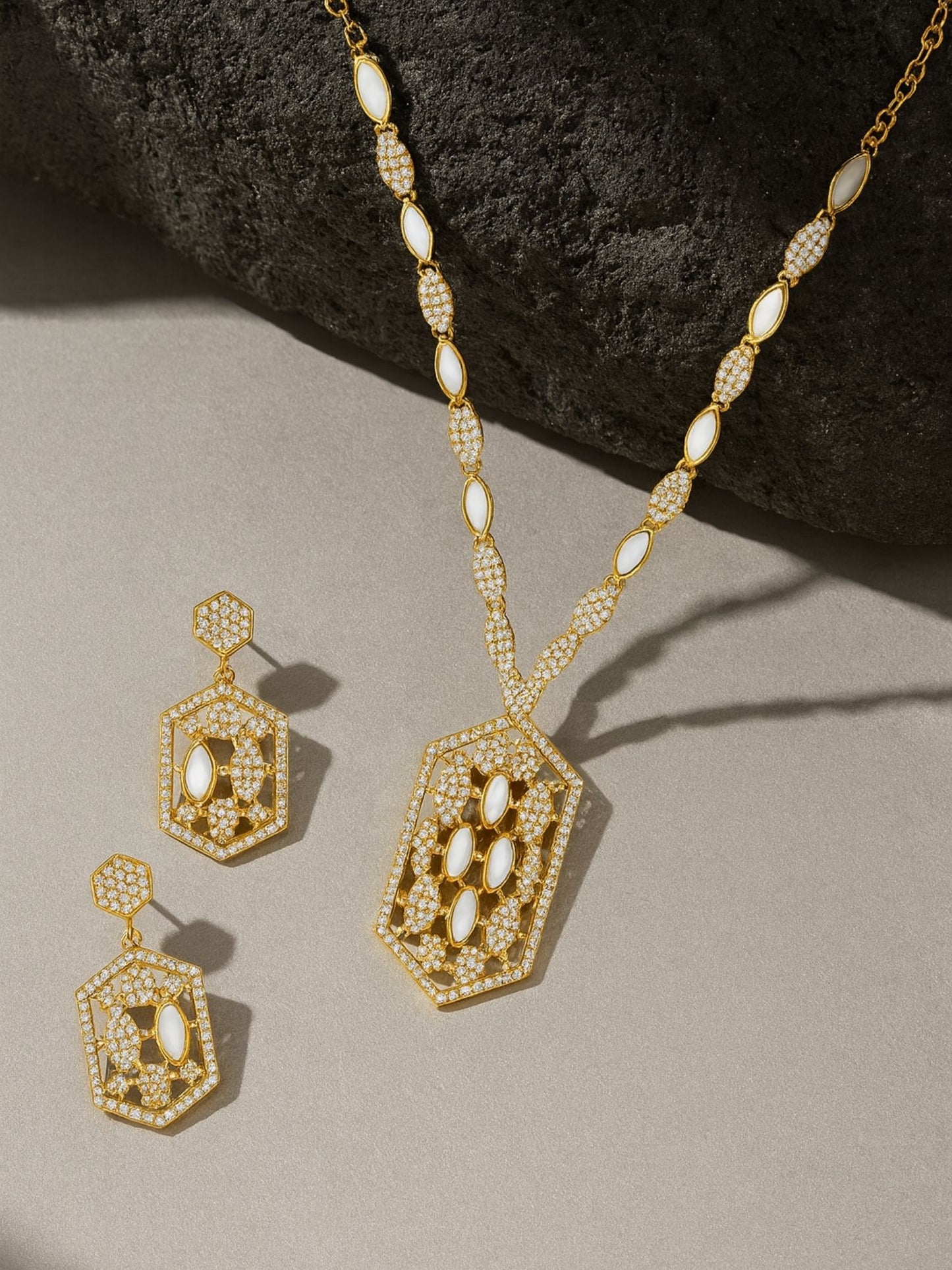 Hexagon Shape With AD Pearl Short Necklace Set