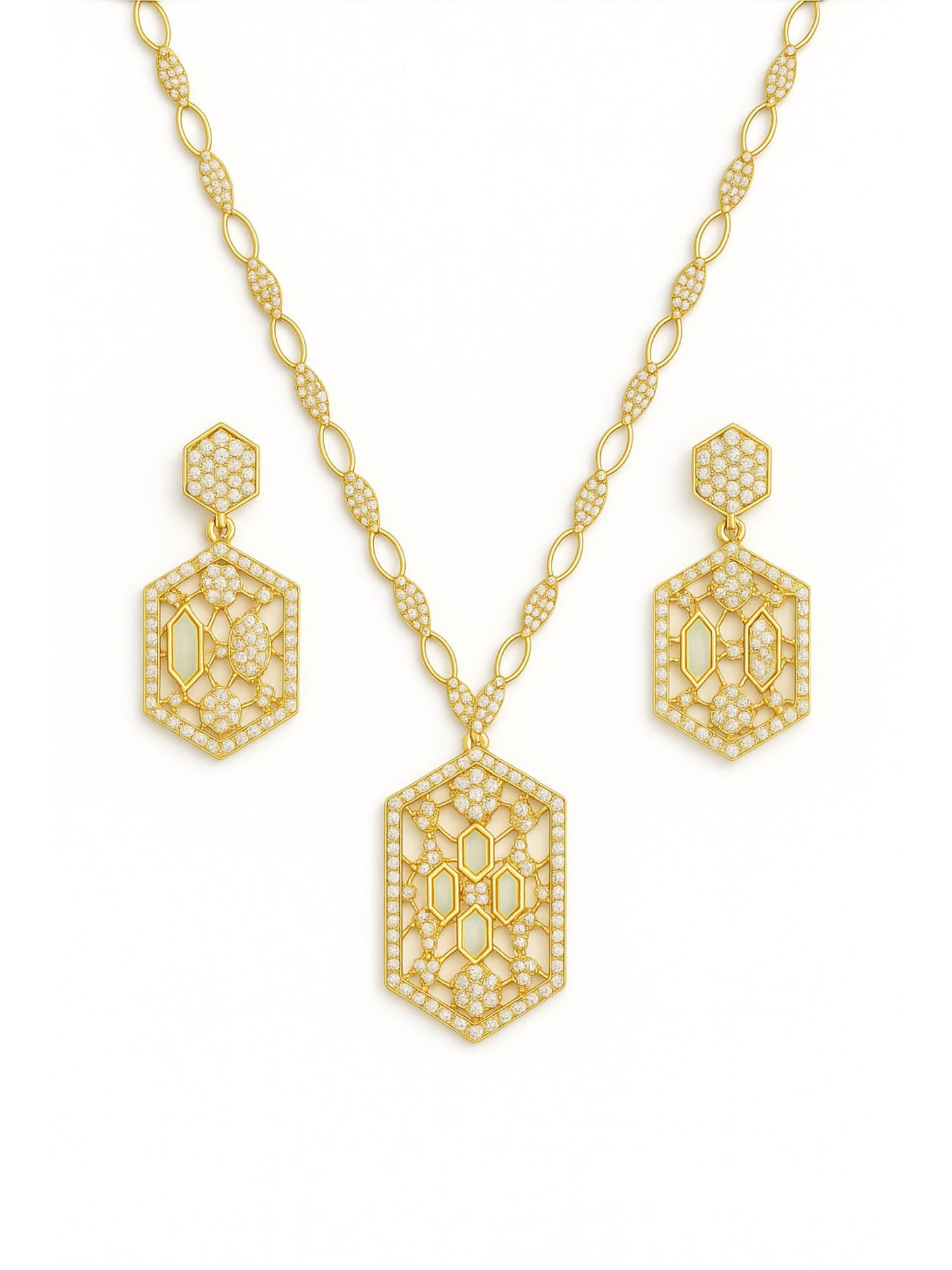 Hexagon Shape With AD Pearl Short Necklace Set