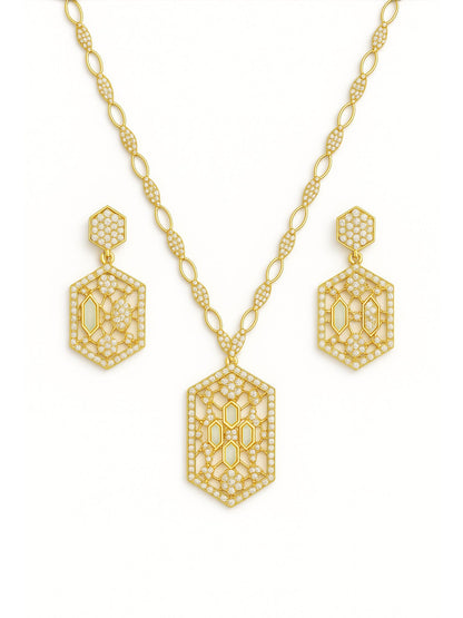 Hexagon Shape With AD Pearl Short Necklace Set