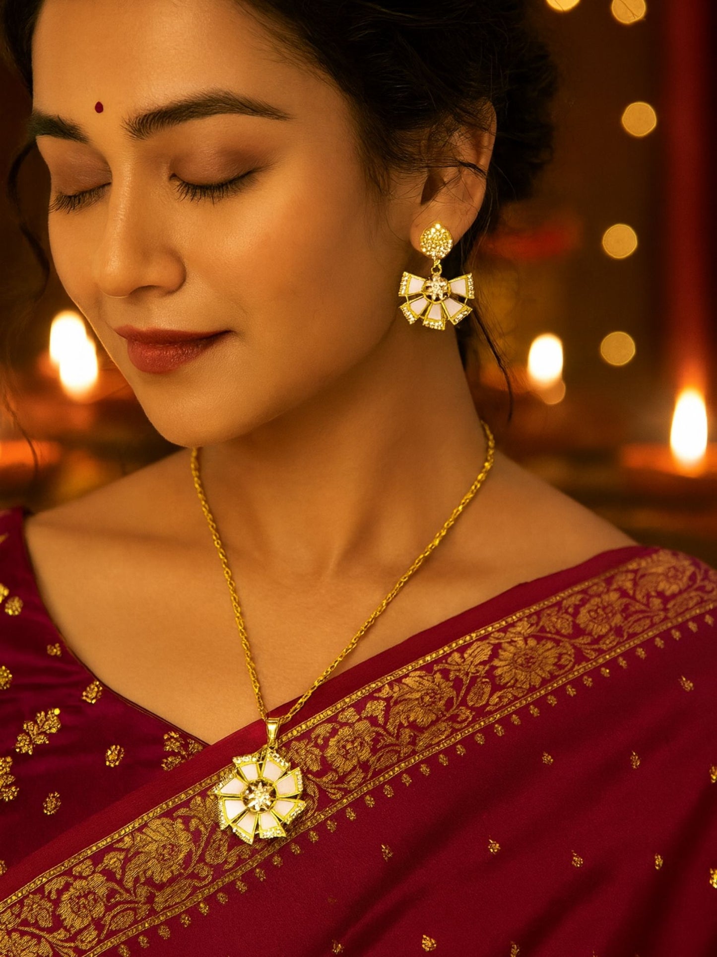 Geometric Shape With AD Pearl Short Necklace Set