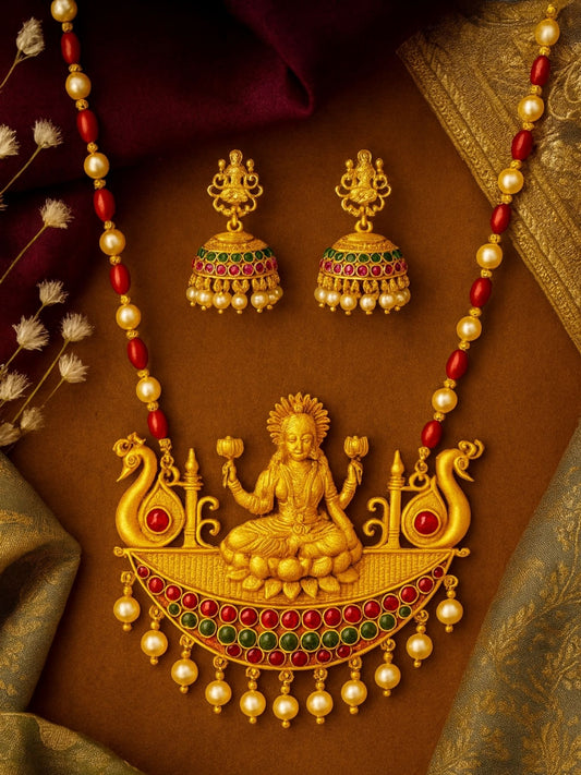 Laxmi With Pearl Red Beads Mala Long Necklace Set