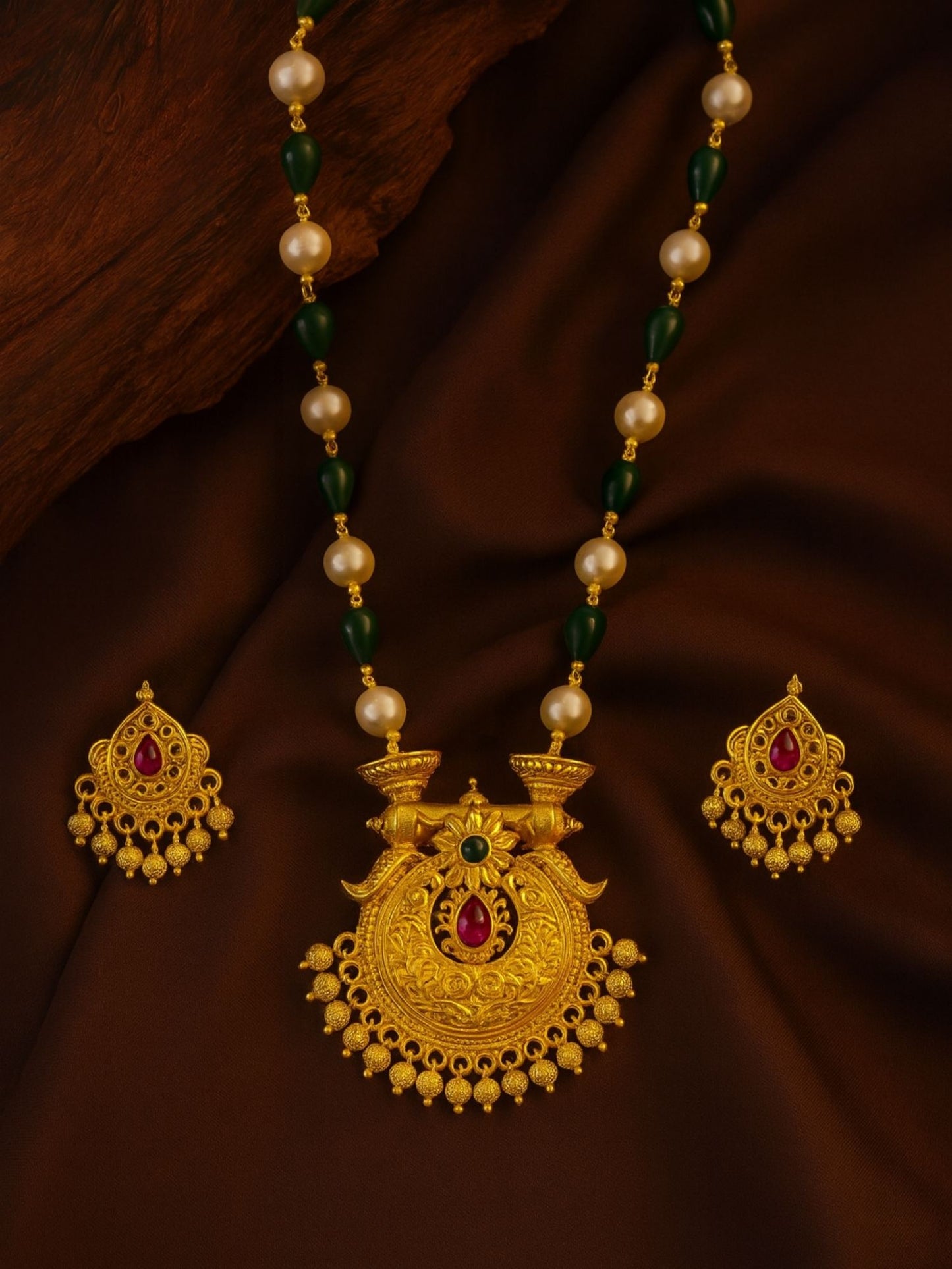 Flower With Pearl Green Beads Mala Long Necklace Set