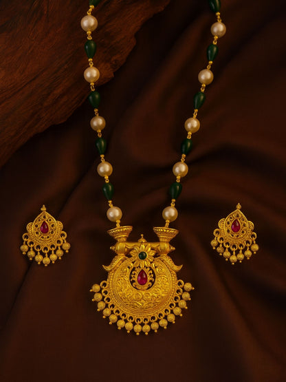 Flower With Pearl Green Beads Mala Long Necklace Set