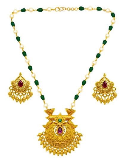 Flower With Pearl Green Beads Mala Long Necklace Set