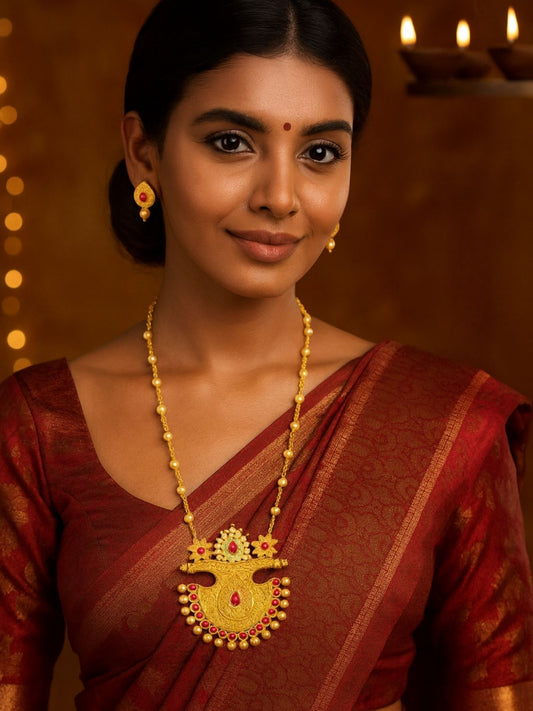 Flower With Pearl Gold Beads Mala Long Necklace Set