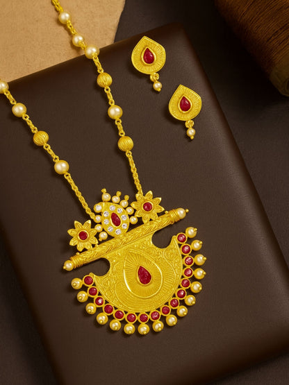 Flower With Pearl Gold Beads Mala Long Necklace Set