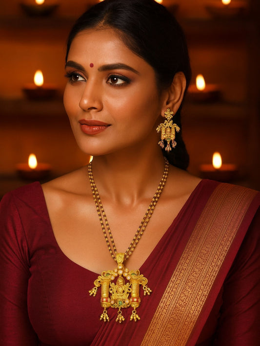 Laxmi With Red Beads Mala Long Necklace Set