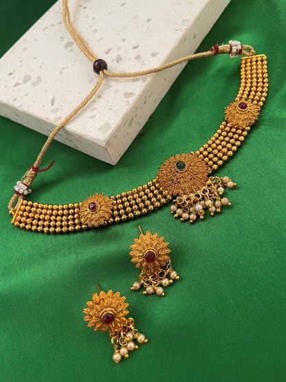 Gold Plated Choker Necklace & Earrings Set Floral Design Pendant