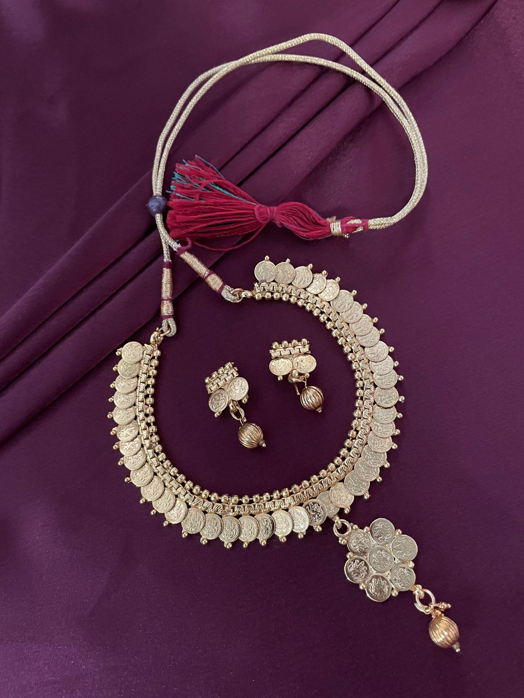 Gold Plated Choker & Earrings Set Laxmi Coin Floral Design Pendant