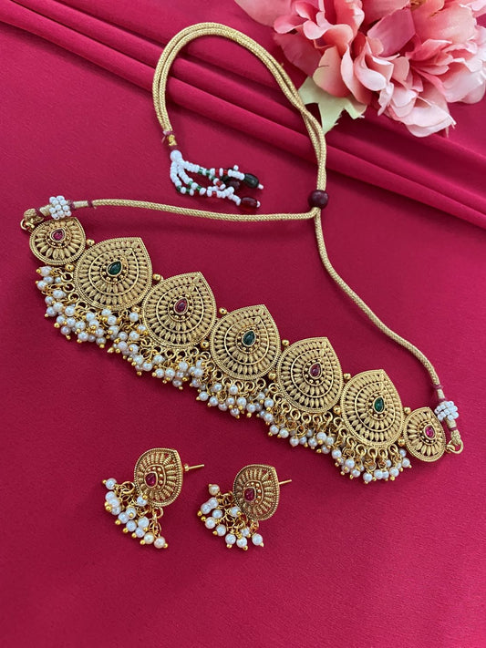 Gold Plated Choker Necklace Earring Set Drop Design With Pearl 