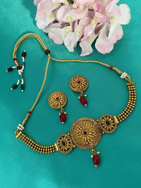Gold Plated Choker Necklace Earring Set Floral Design With Pearl