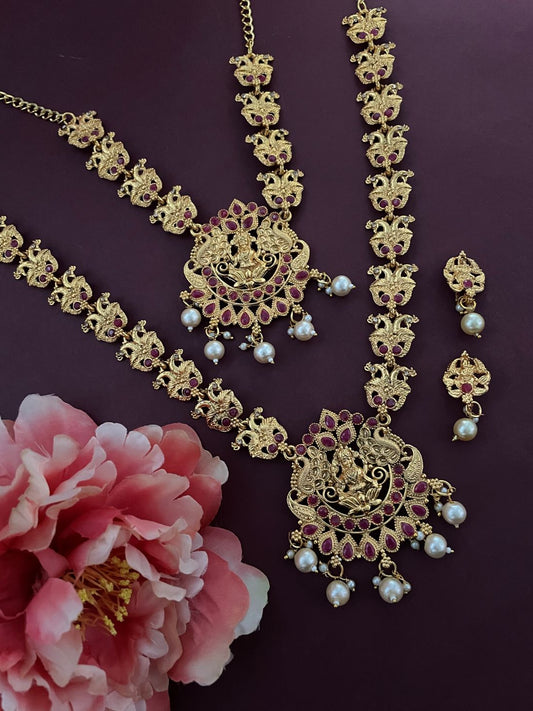 Gold Plated Long And Choker Necklace & Earrings Laxmi Design Pendant (Set of 2)