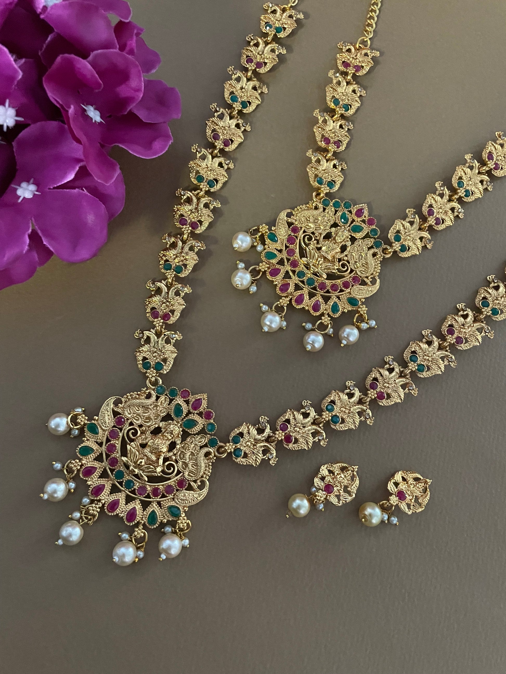Gold Plated Long & Short Necklace Earring Set Laxmi & Peacock Design With Pearl