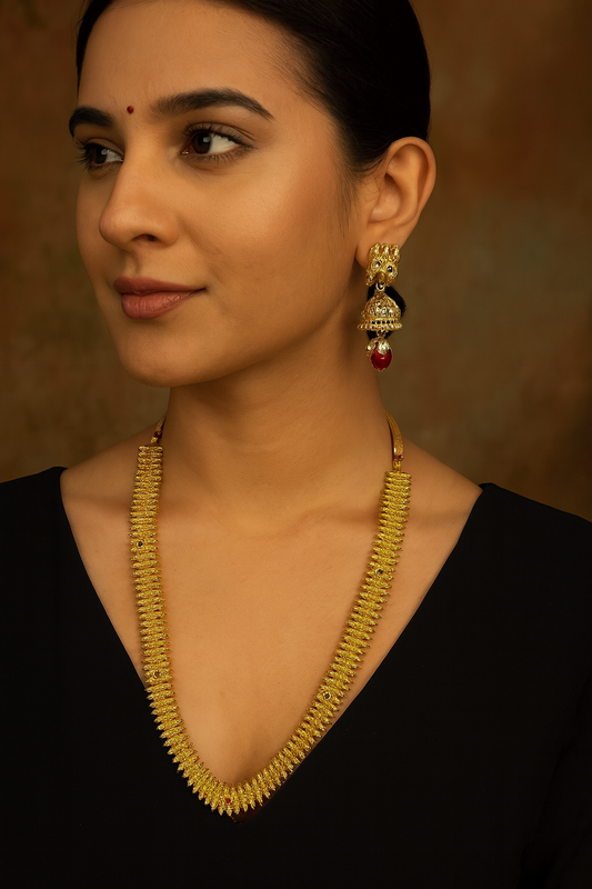 Heavy Pearl Long Necklace Set Temple Jewelry
