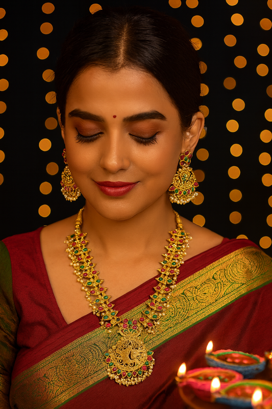 Peacock Short Necklace Set Temple Jewelry