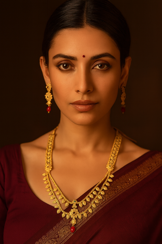 Flower/Leaf Long Necklace Set Temple Jewelry