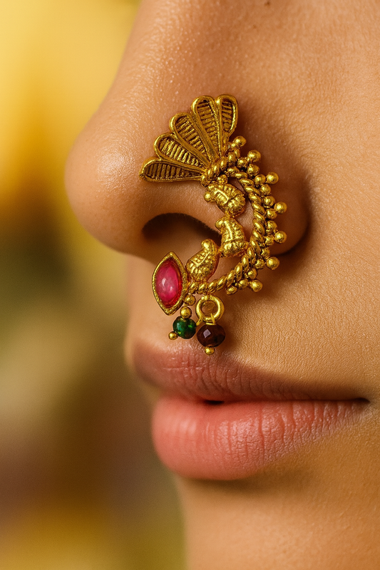 Maharashtrian Nath Antique Gold Plated Nose Pin Red & Green Colour