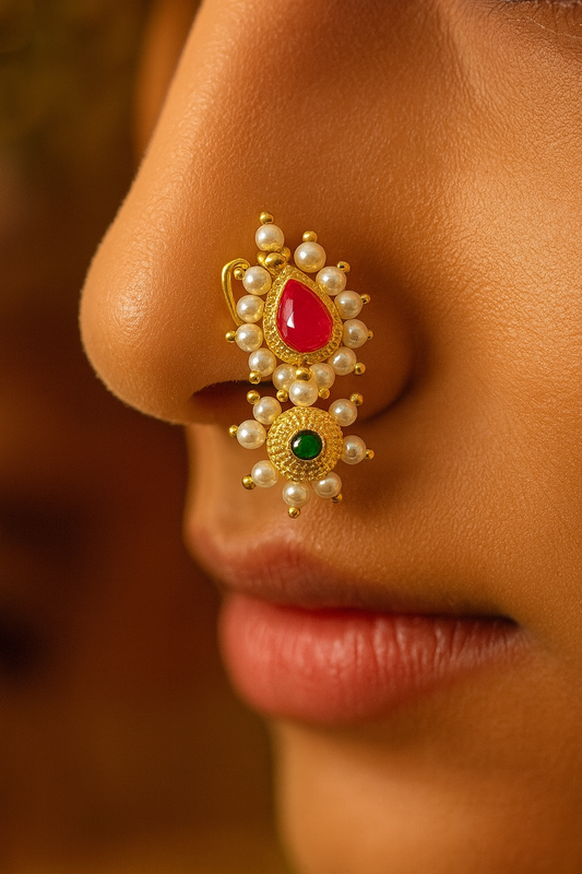 Gold Plated Maharashtrian Nath Nose Pin Red & Green Colour with Pearls