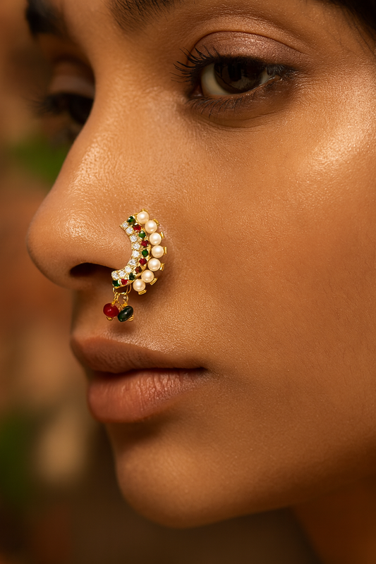 Gold Plated Maharashtrian Nath Nose Pin Red Green American Diamond Studded