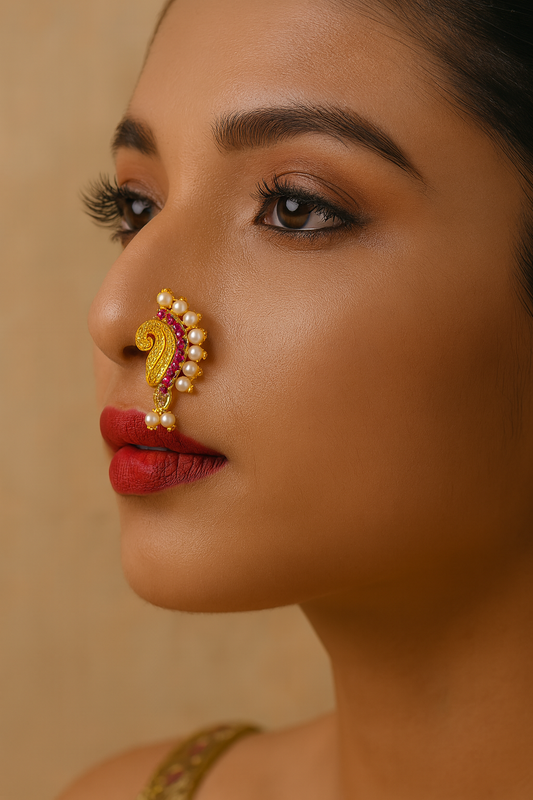 Gold Plated Maharashtrian Nath Peacock Design Nose Pin Red Colour with Pearls