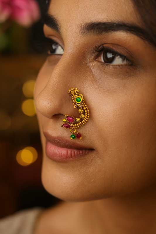 Gold Plated Maharashtrian Nath Peacock & Floral Design Nose Pin Red & Green Colour with Pearls