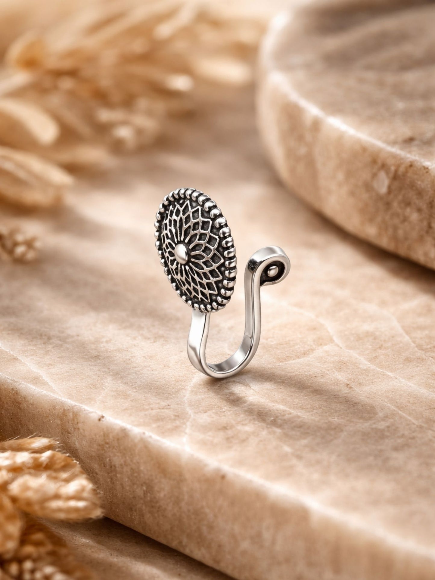 Oxidized Silver Maharashtrian Floral Nath Nose Pin