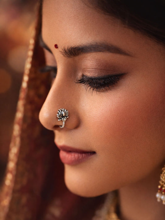 Silver Lotus Nath Nose Pin for Women