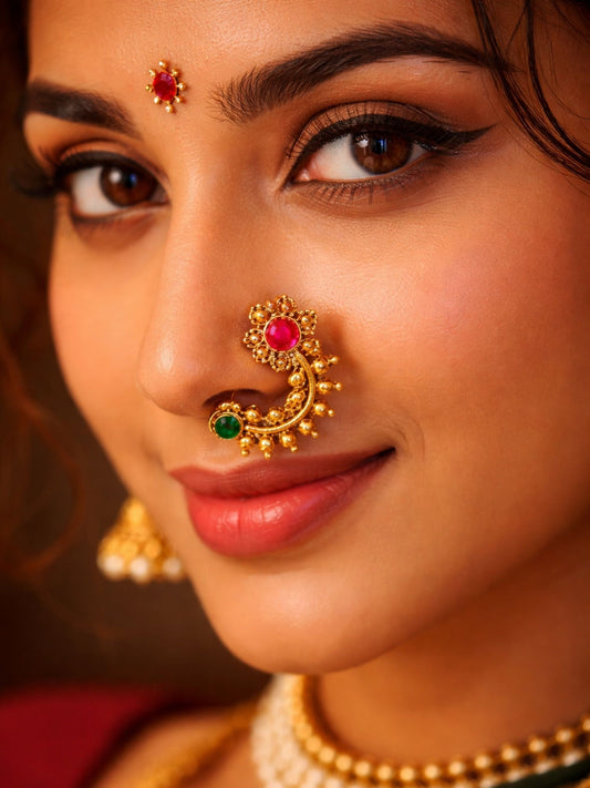 Gold Temple Floral Nath with Red Green Stone