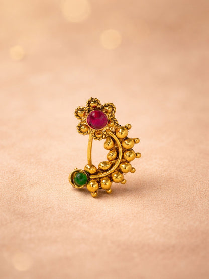 Gold Temple Floral Nath with Red Green Stone