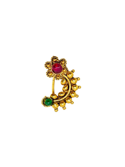 Gold Temple Floral Nath with Red Green Stone