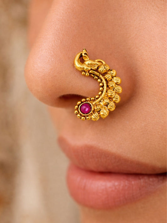 Peacock Design Gold Plated Maharashtrian Nath