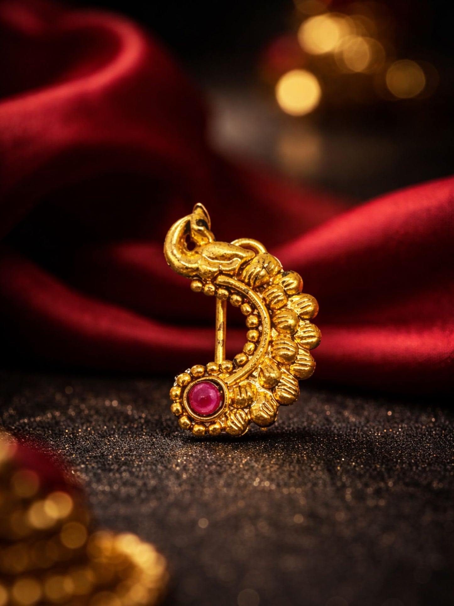 Peacock Design Gold Plated Maharashtrian Nath