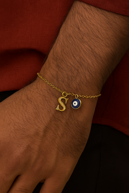 A-Z Letter Roman American Diamond Gold Heart & Evil Eye Charm Rakhi Lumba