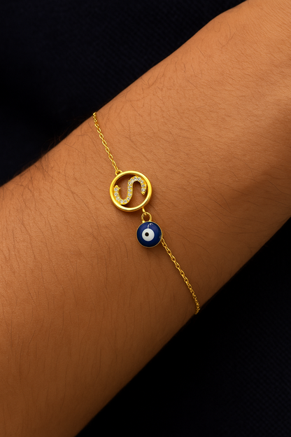 A-Z Letter Round American Diamond Gold Heart & Evil Eye Charm Rakhi Lumba