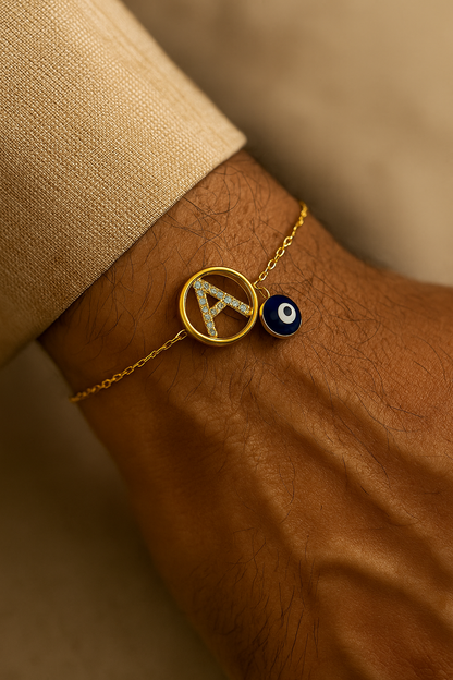 A-Z Letter Round American Diamond Gold Heart & Evil Eye Charm Rakhi Lumba