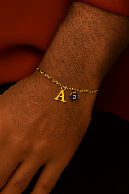 Name Initial Letter Bracelet Rakhi With Blue Evil Eye Charm