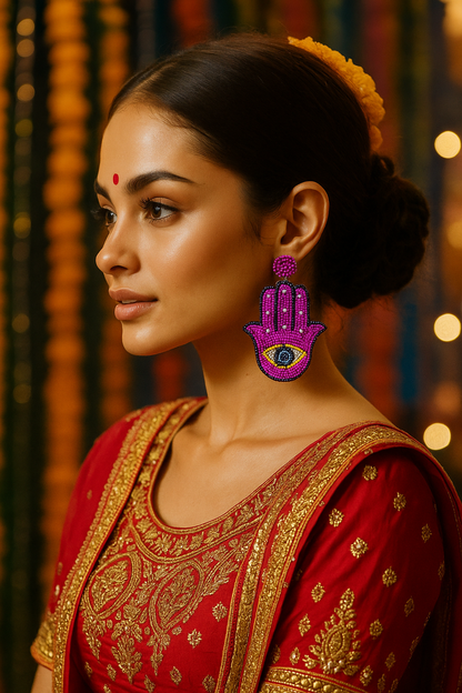 Pink Evil Eye & Hamsa Beaded Earrings