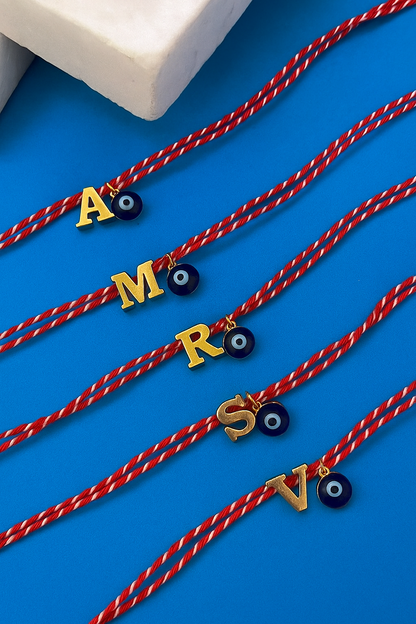 A TO Z Name Initial Letter Rakhi Bracelet With Dark Blue Evil Eye Charm for Bhai Bhaiya